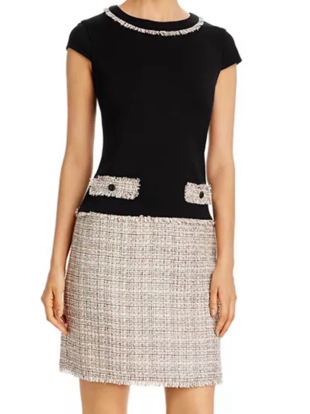 Karl Lagerfeld Black Knit Top with Cream Tweed Midi Skirt Dress